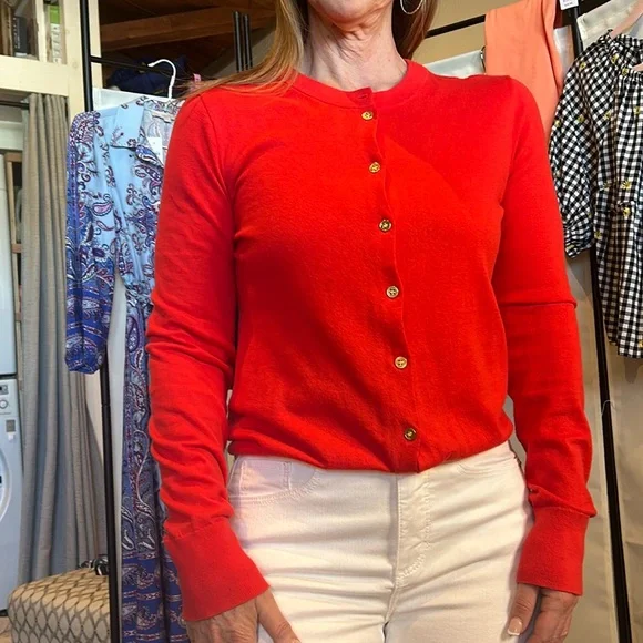 Reddish/coral cardigan with gold buttons - Picture 1 of 4